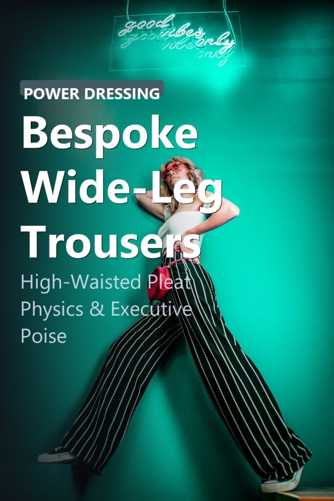 Model in fluid high-waisted pleated wide-leg trousers walking in Paris