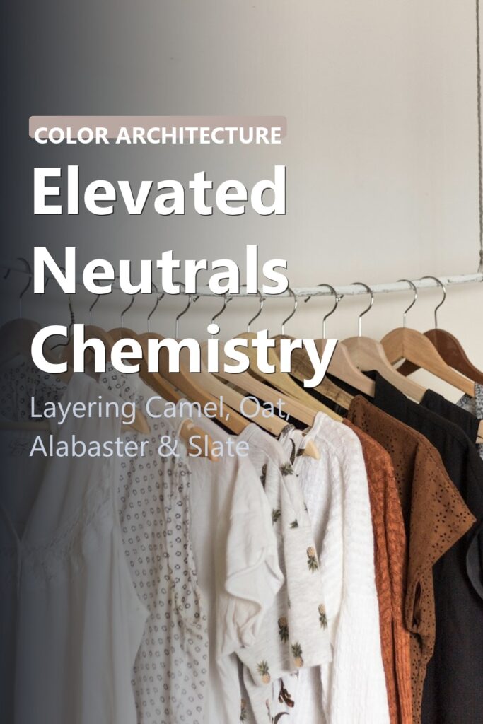 Luxury neutral garments hanging in minimalist wardrobe curated by tones