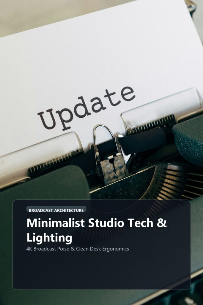 Clean minimalist home broadcast studio desk with monitor and warm key light