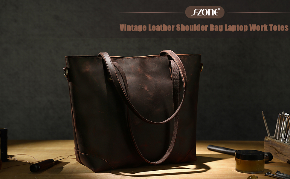 S-ZONE Vintage Genuine Leather Work Shoulder Bag