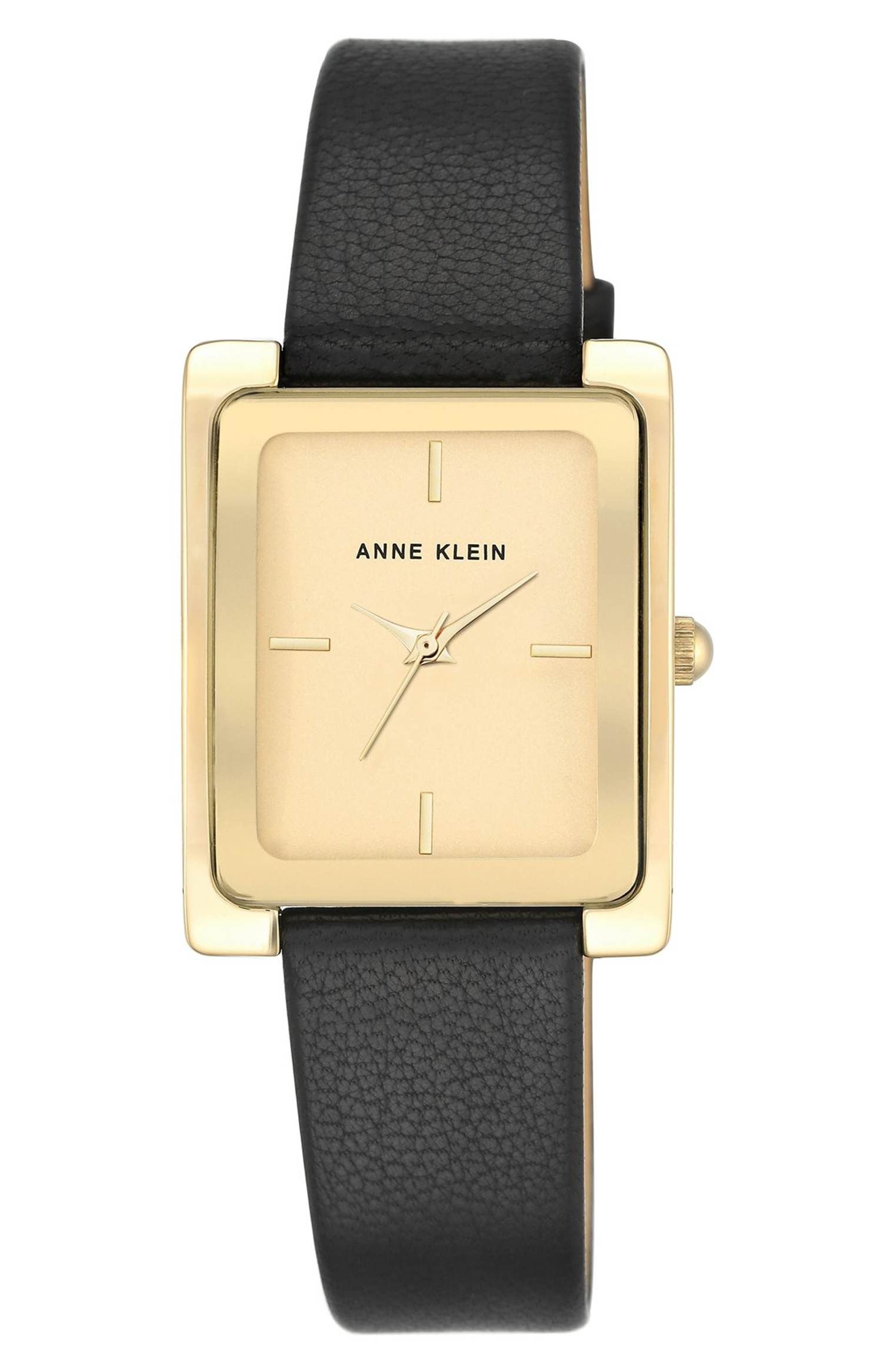 Anne Klein Diamond-Accented Rectangular Leather Strap Watch