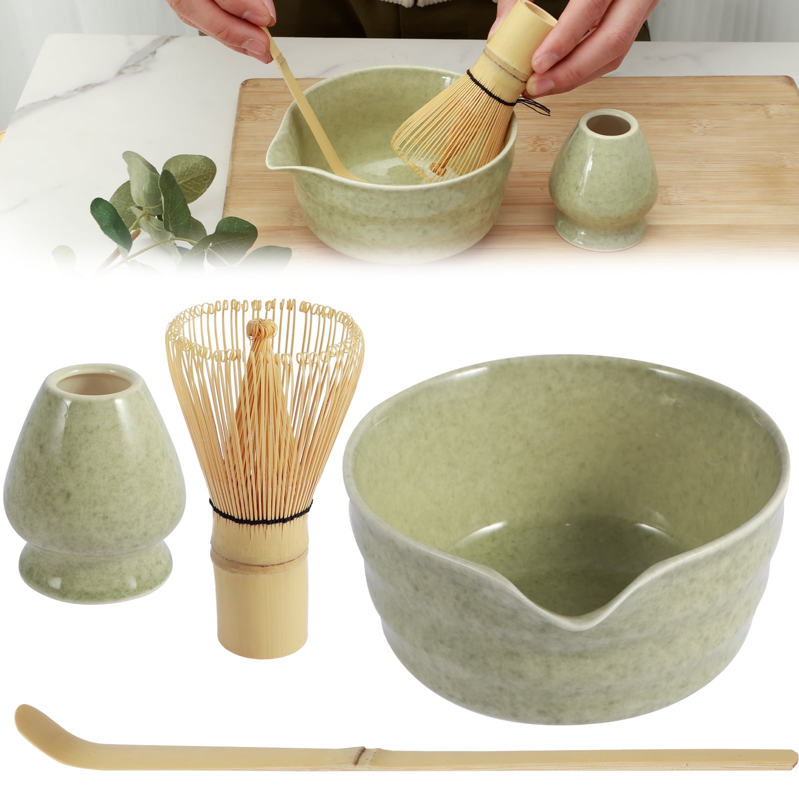 Ceramic Matcha Bowl (Chawan) with Whisk Shaping Stand