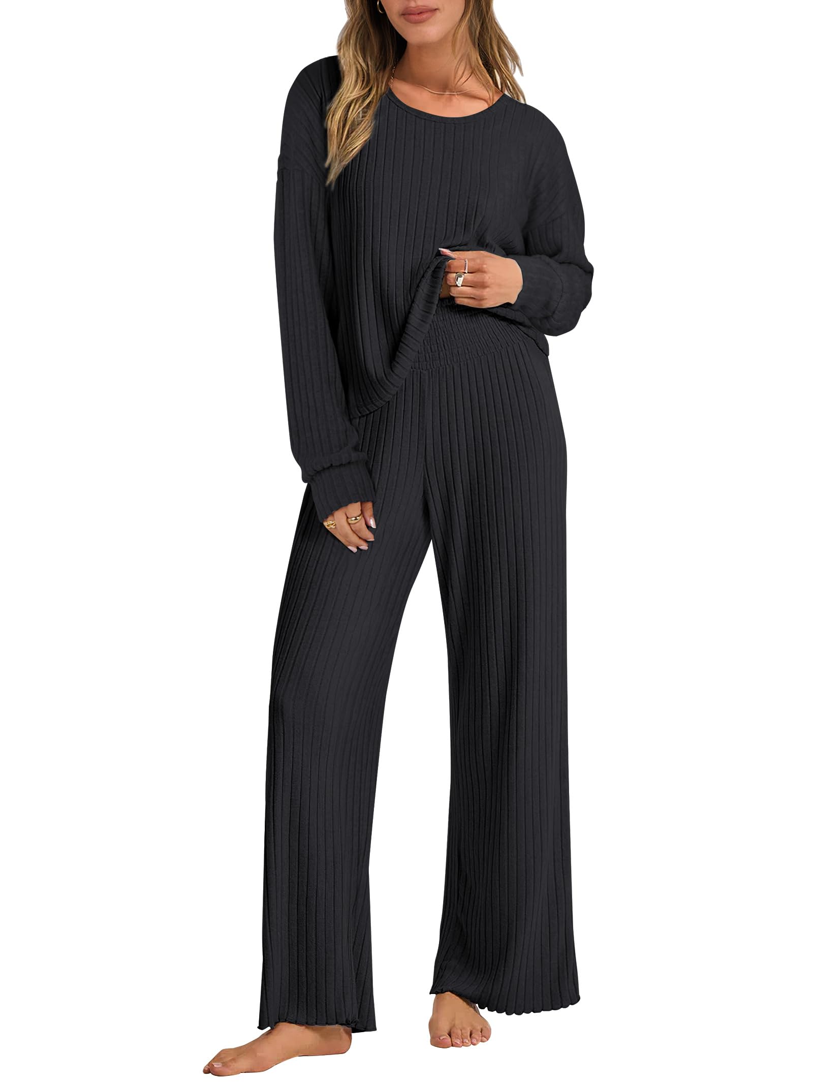 ANRABESS Two-Piece Ribbed Knit Wide-Leg Lounge Set