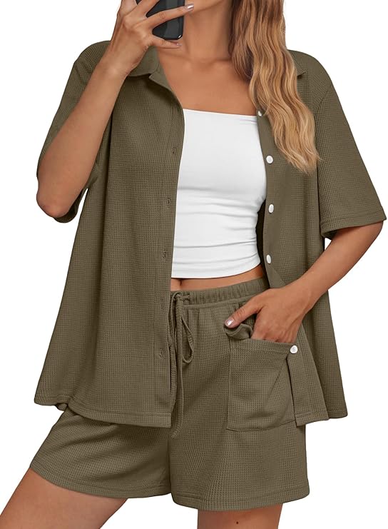 AUTOMET Waffle Knit Casual Long Sleeve & Shorts Loungewear Set