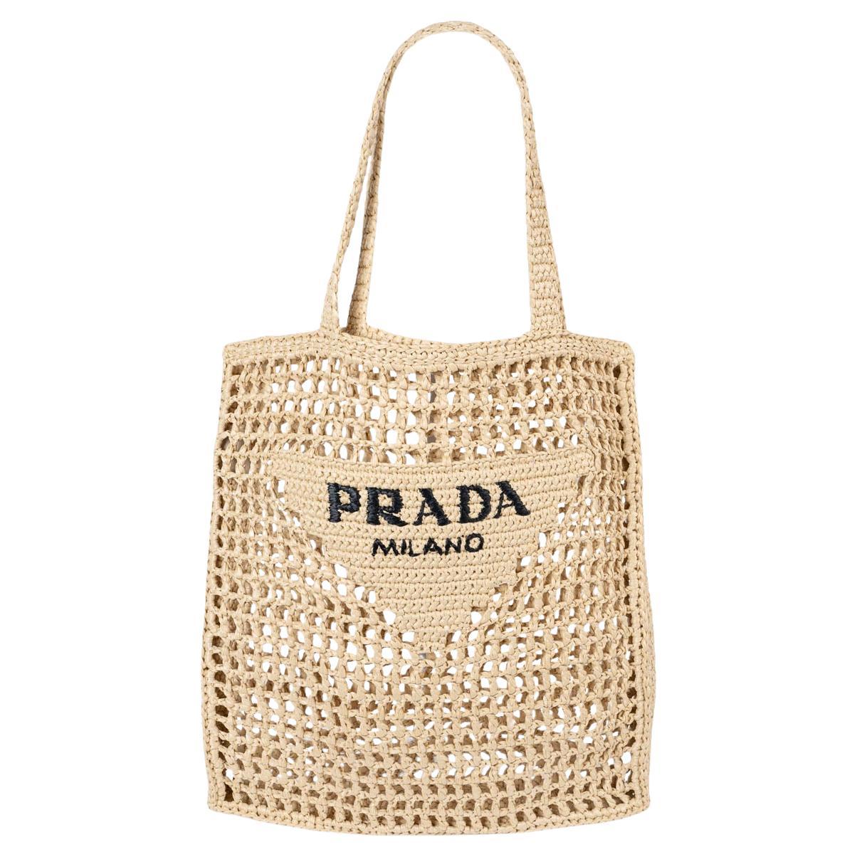 Prada Crochet Raffia Tote Bag in Natural - Verified Authentic Packaging