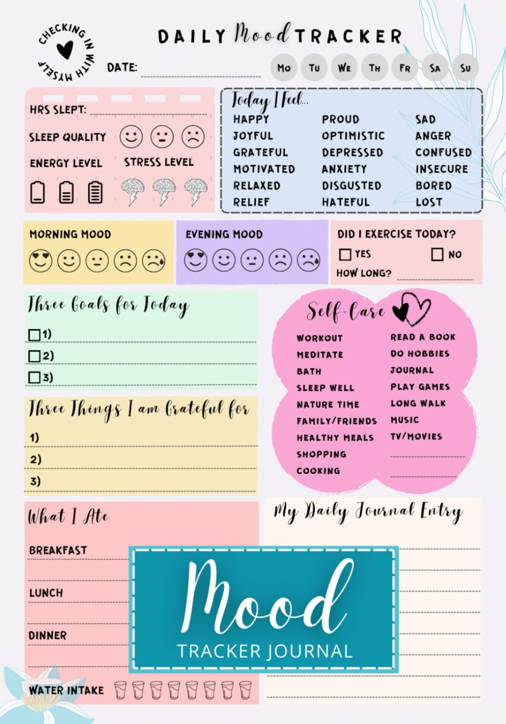 Daily Self-Care Wellness Tracker Journal with Water & Mood Logs