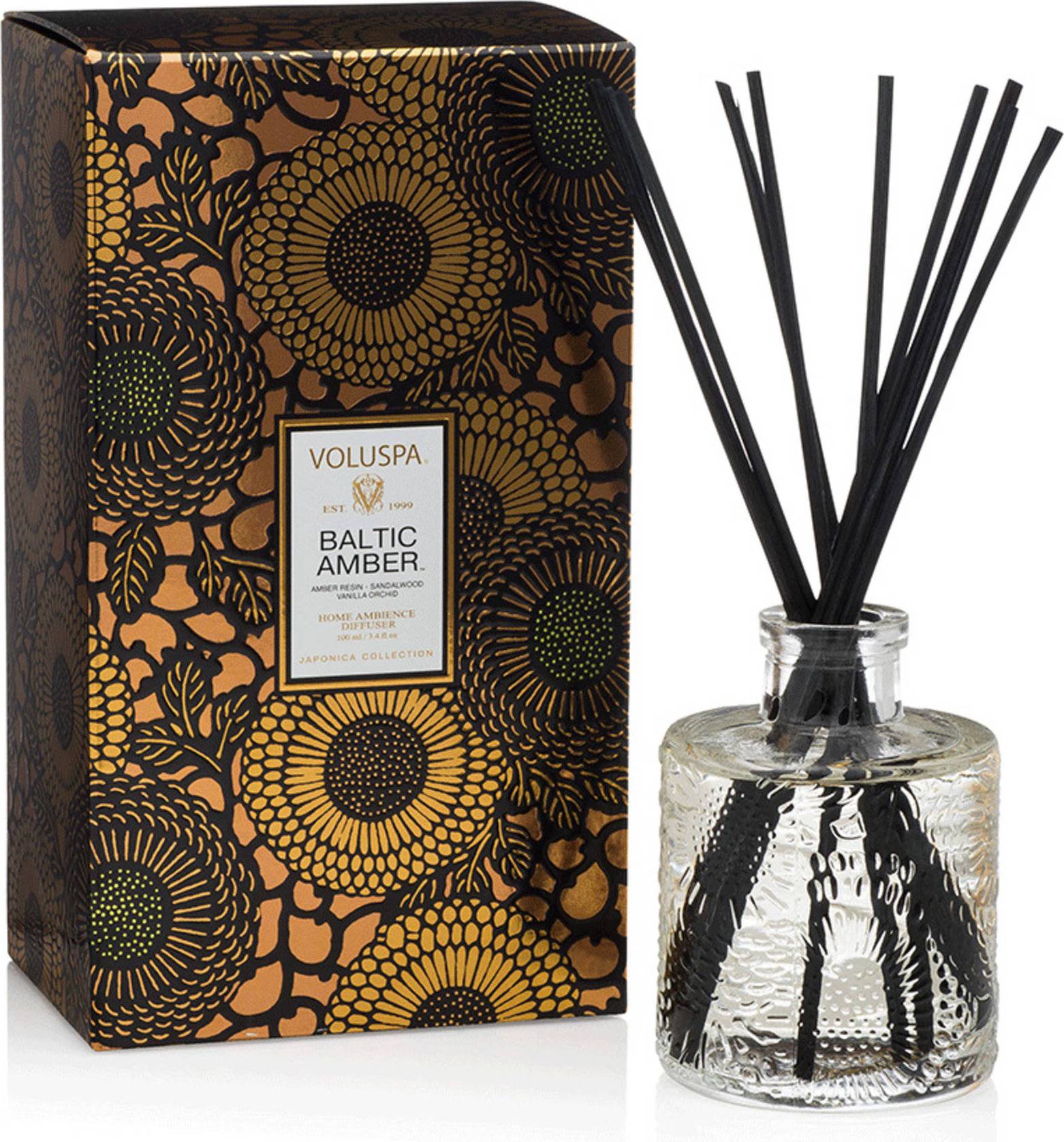 Voluspa Baltic Amber Reed Diffuser with Embossed Glass