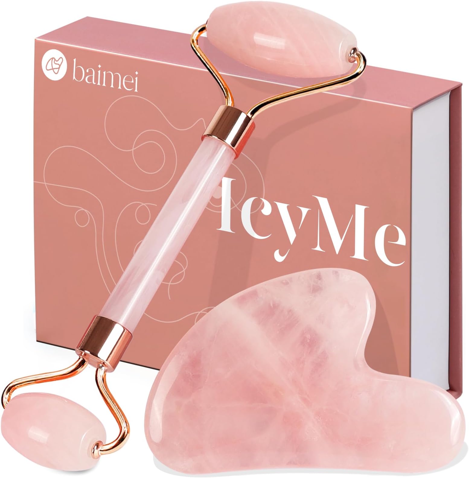 Baimei Rose Quartz Roller & Gua Sha Set for Face