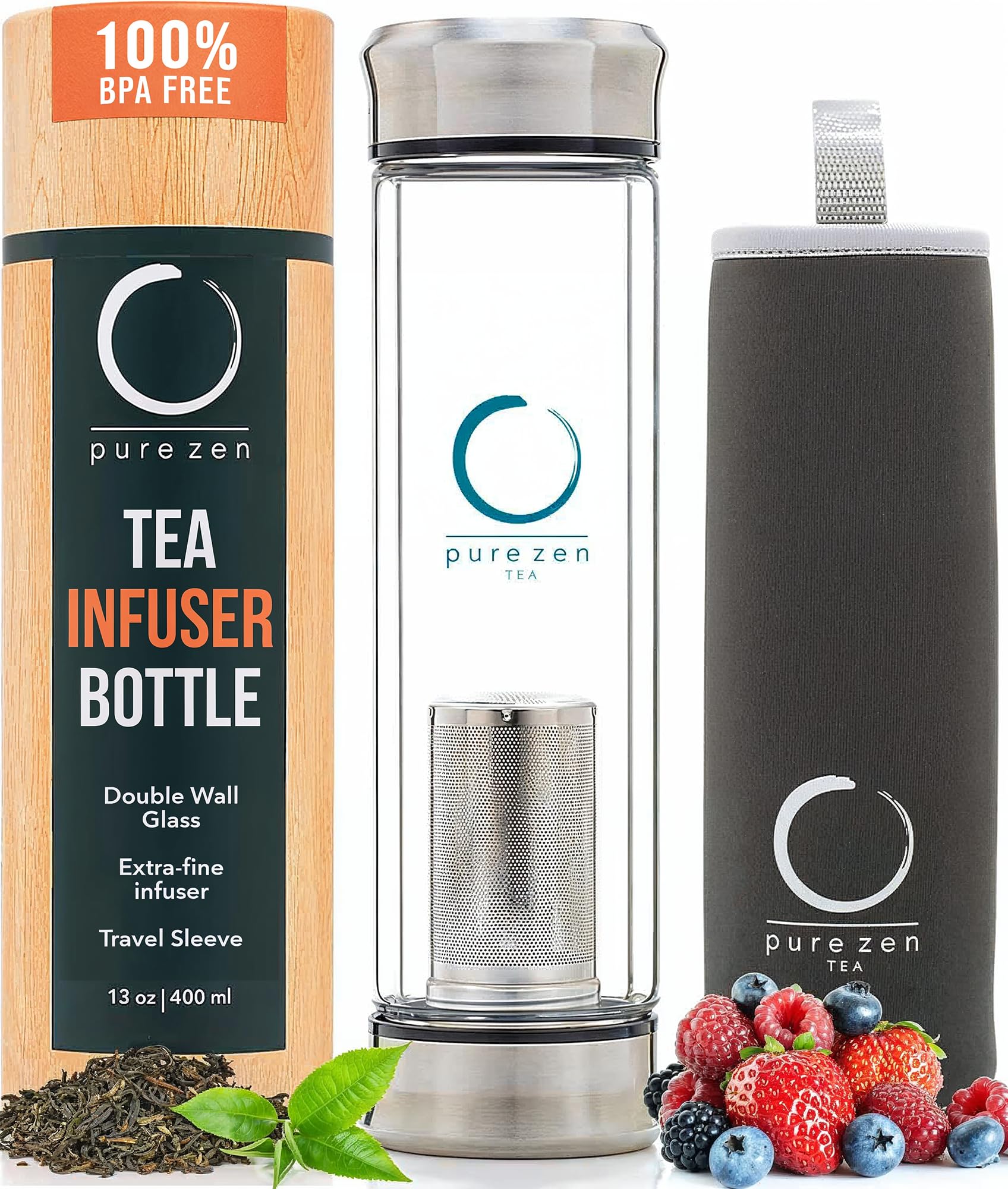 Pure Zen Tea Double Wall Glass Tea Infuser Bottle 15oz