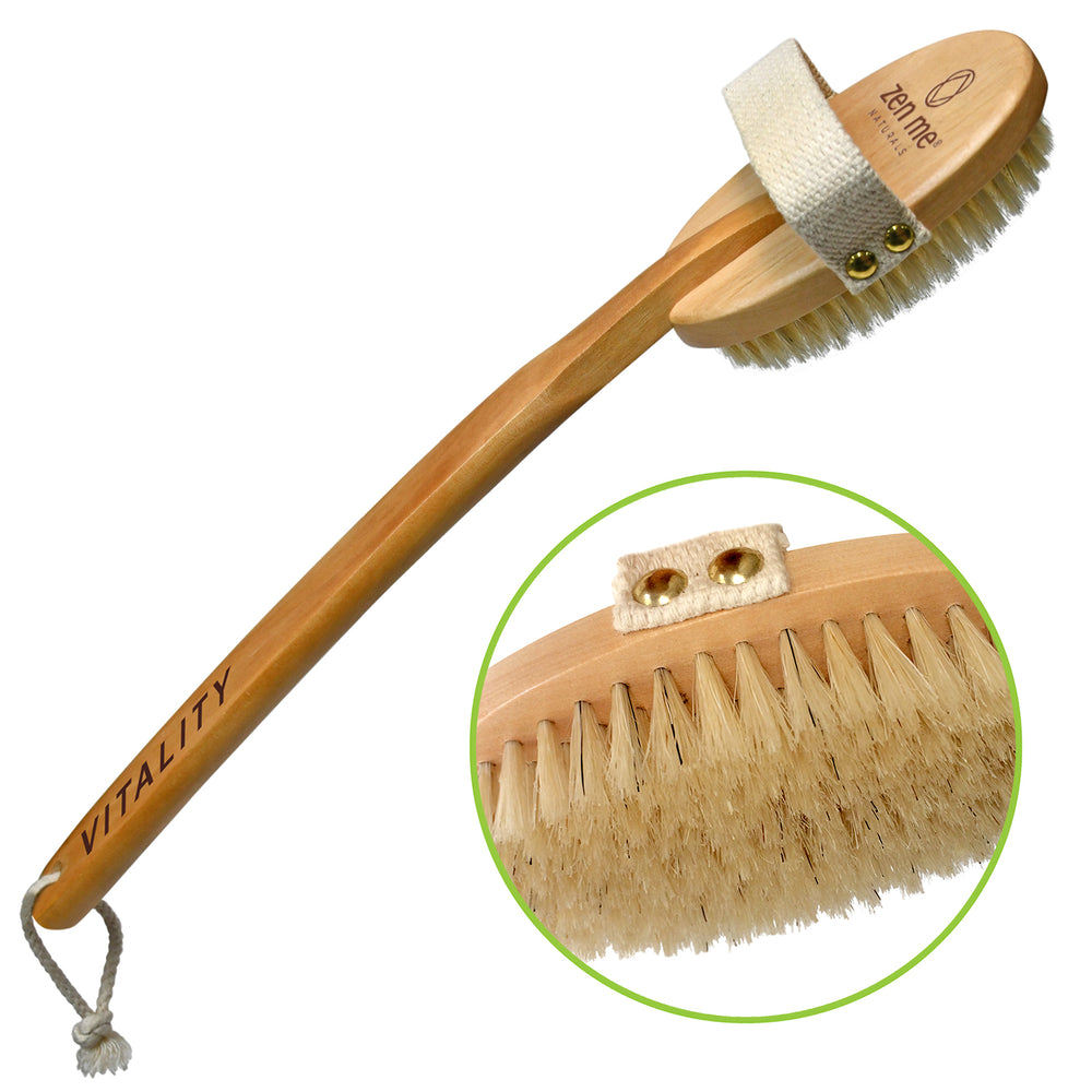 Zen Me Premium Natural Boar Bristle Dry Body Brush with Long Handle