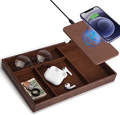 Singlecare Leather Desk Catchall Tray with Fast Wireless Charging