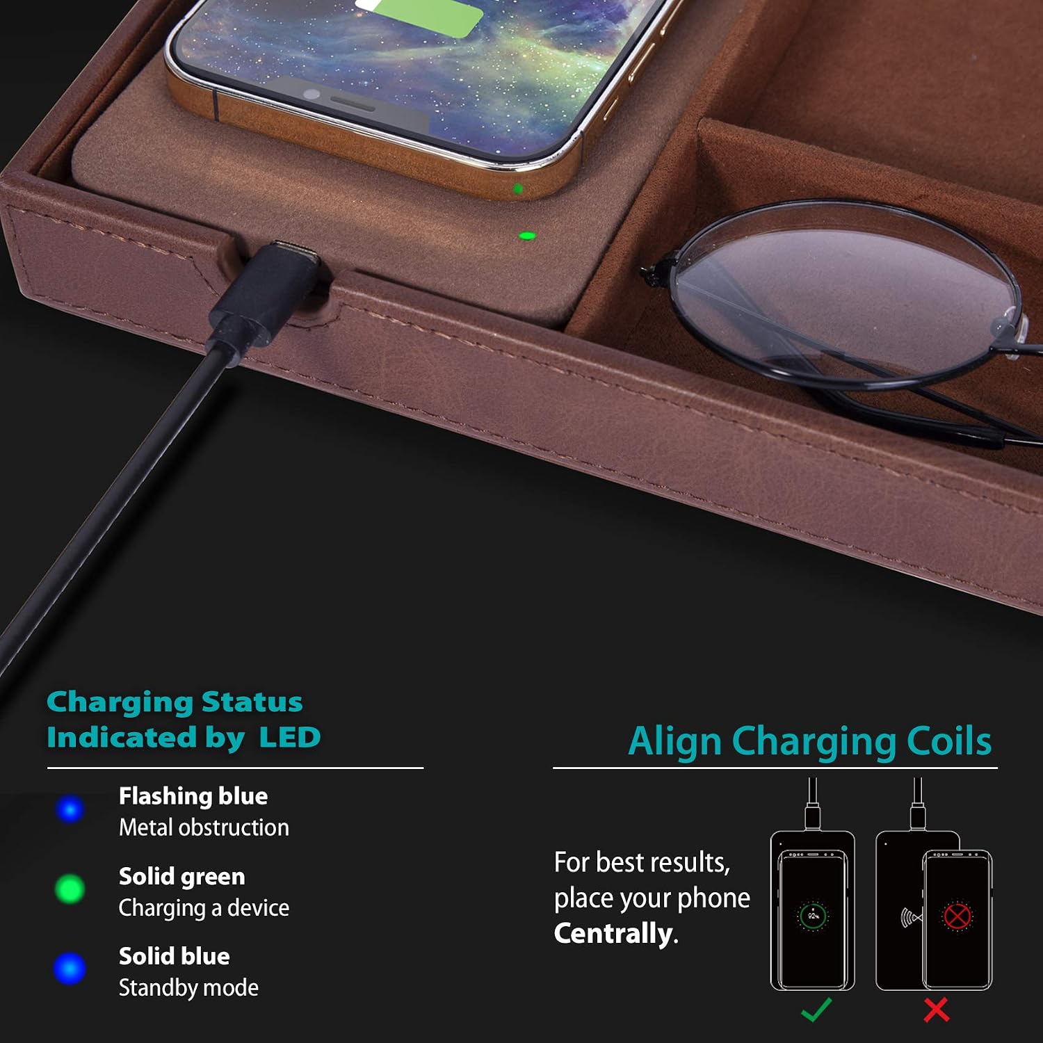 Royxen Nightstand Leather Organizer Catchall Tray with Wireless Charger