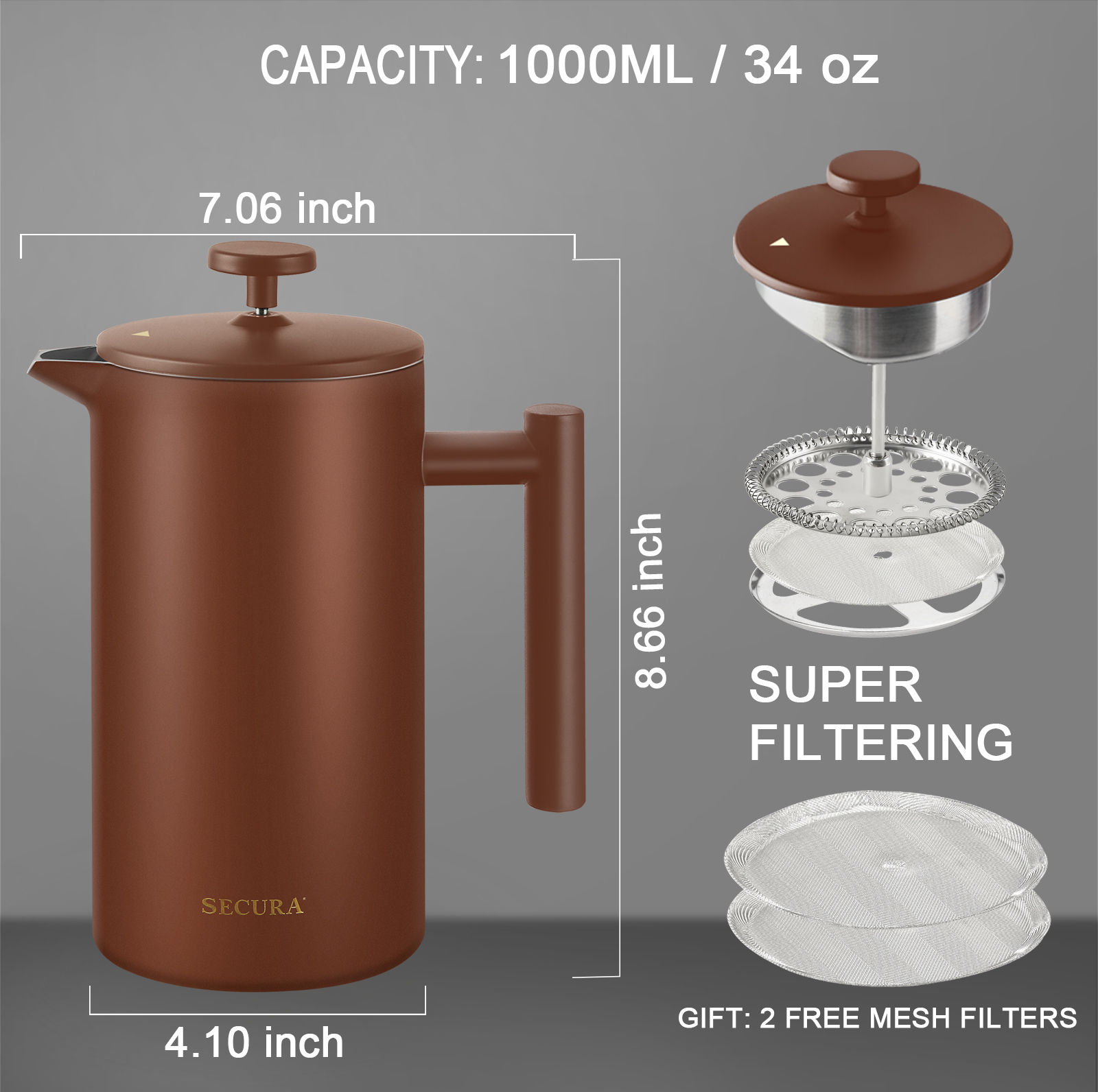 Secura Double Wall Stainless Steel French Press 34oz