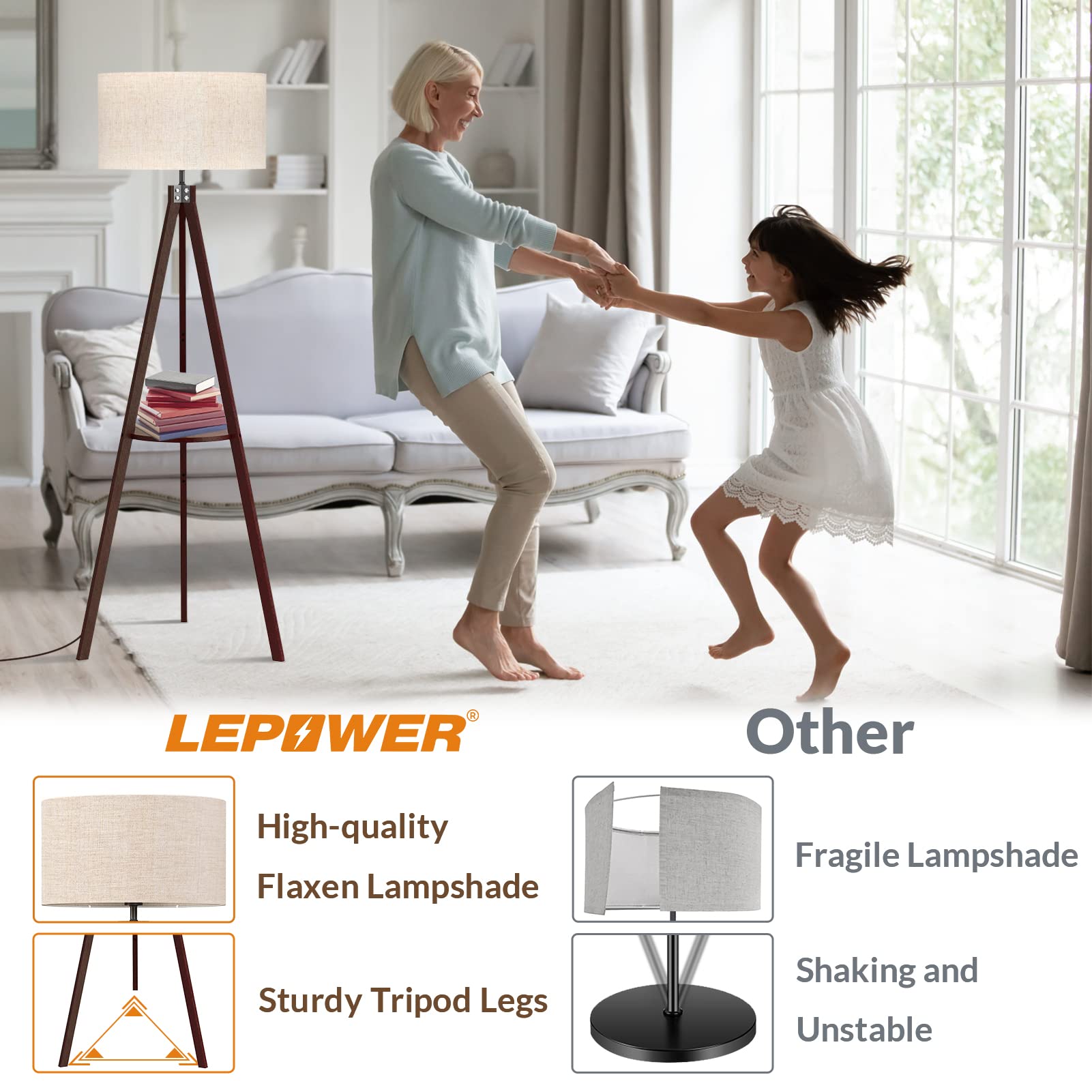 LEPOWER Wood Tripod Nordic Floor Lamp Flaxen Fabric Shade