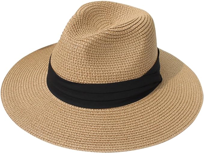 Lanzom Wide Brim Straw Panama Roll Up Fedora Hat