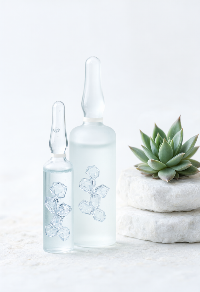 Chai ampoule tinh chất Ectoin phục hồi tế bào bên cạnh nhánh cây mọng nước sa mạc
