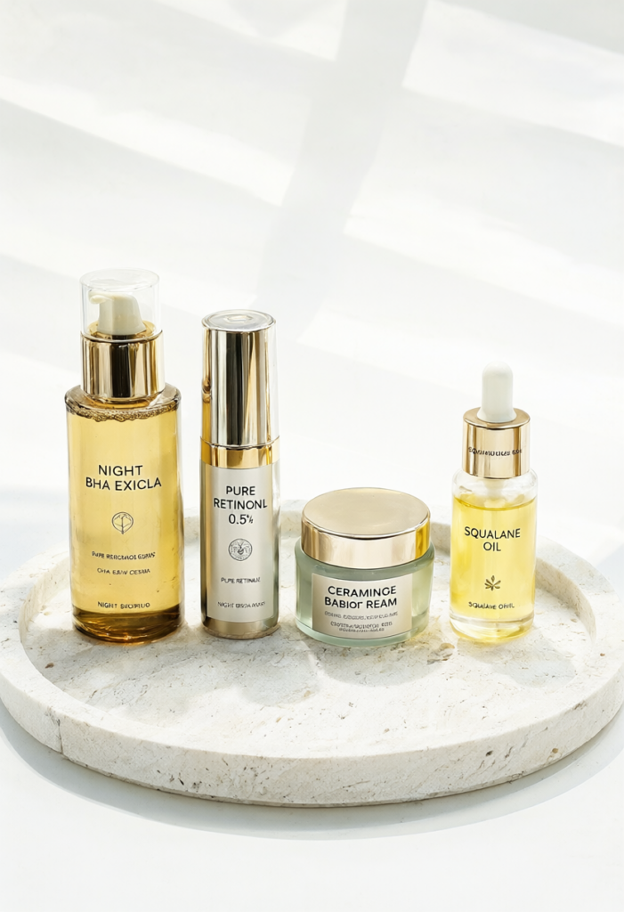 Bộ 4 sản phẩm theo chu kỳ Skin Cycling: Tẩy da chết, Retinol và 2 đêm phục hồi hàng rào ẩm