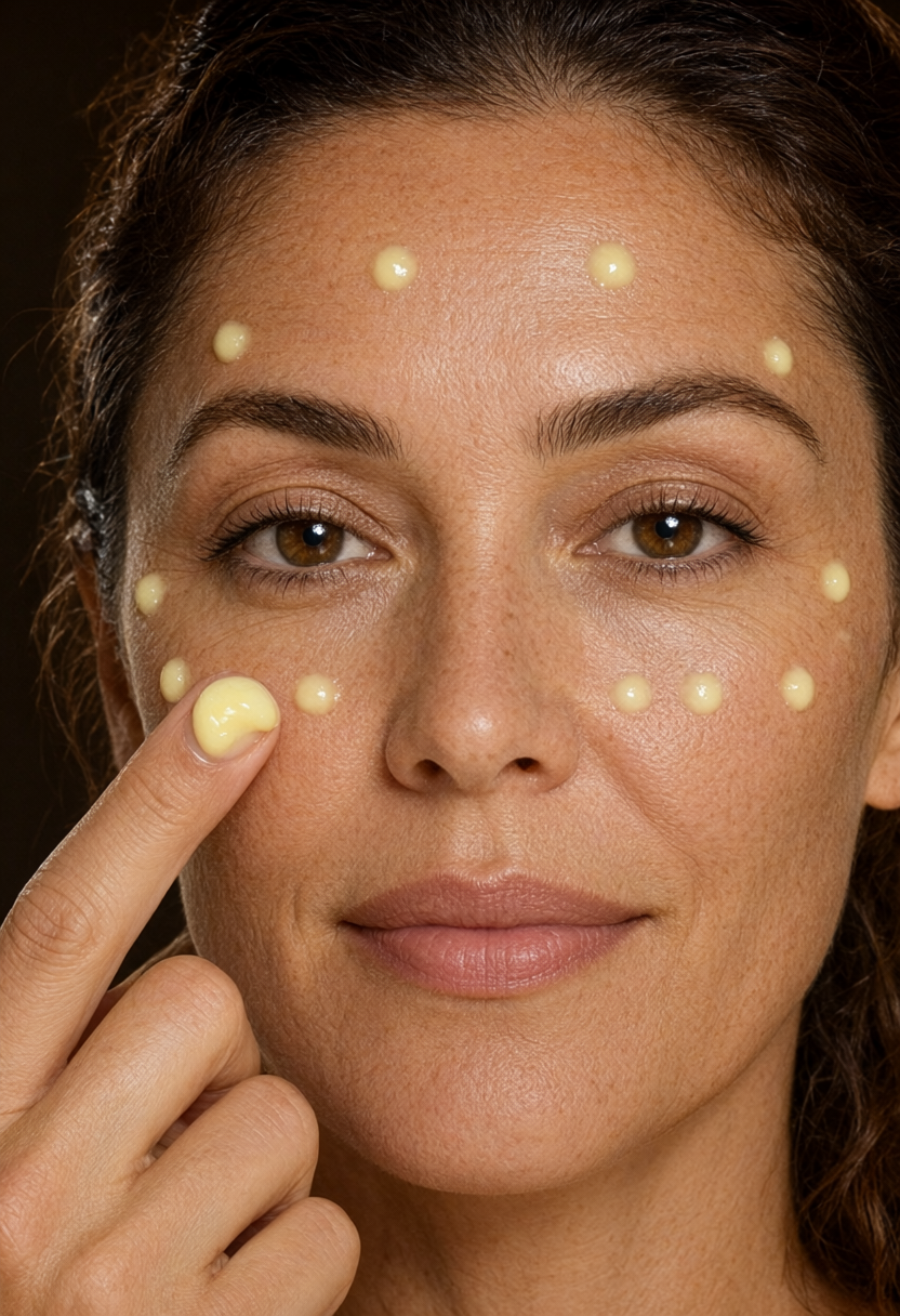 Lượng kem Retinol nhỏ bằng hạt đậu chấm đều lên các điểm trên mặt