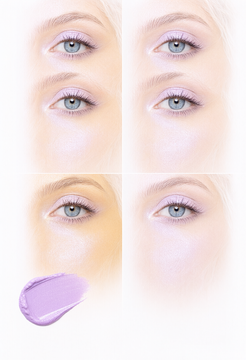 Vệt kem lót màu tím lavender làm sáng bừng vùng da vàng tối màu thiếu sức sống