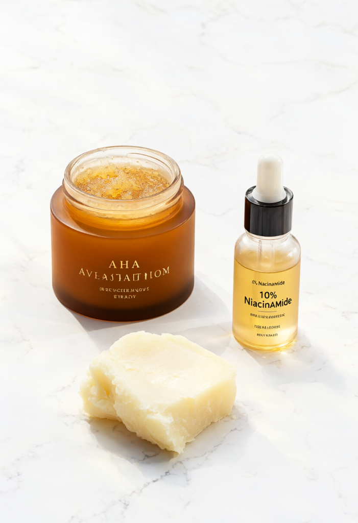 Bộ sản phẩm tẩy tế bào chết AHA, serum Niacinamide và bơ hạt mỡ dưỡng ẩm trên nền đá