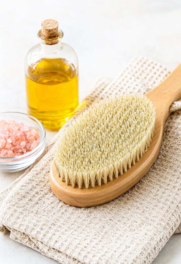 Bàn chải khô lông tự nhiên cán gỗ sồi cao cấp đặt trên khăn đũi hữu cơ bên chai dầu dưỡng