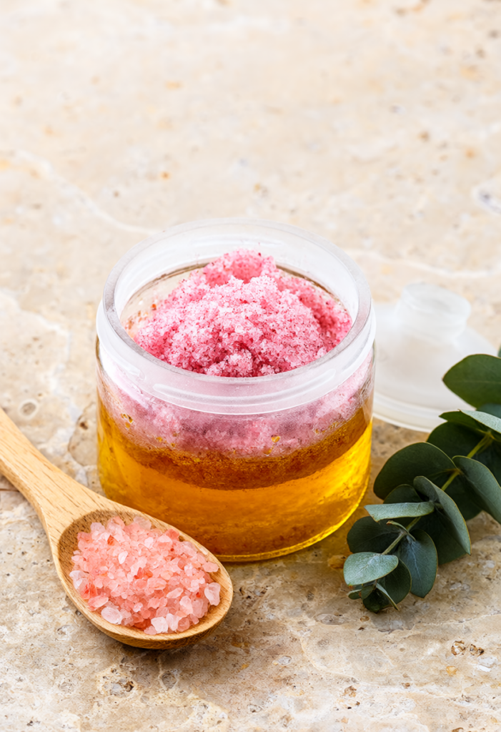 Hũ thủy tinh chứa muối tẩy tế bào chết Biển Chết ngâm dầu hạnh nhân nguyên chất