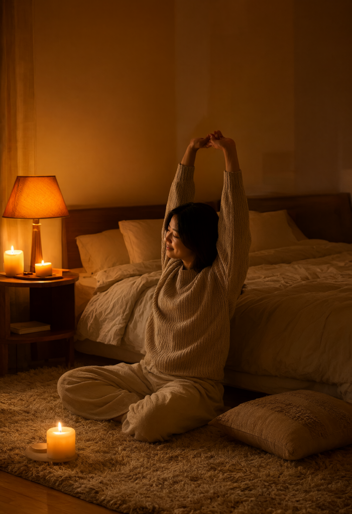 Cô gái ngồi thiền giãn cơ nhẹ nhàng dưới ánh đèn vàng ấm áp trong phòng ngủ không có điện thoại