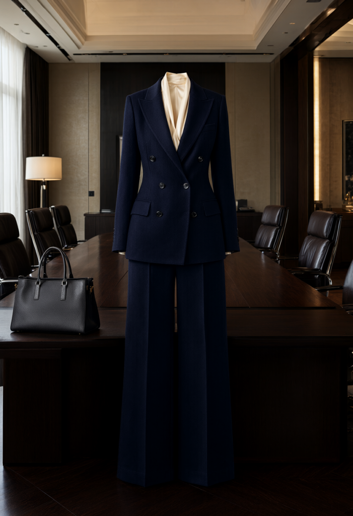 Bộ vest dạ cashmere xanh navy phối cùng sơ mi lụa màu kem trong phòng họp sang trọng
