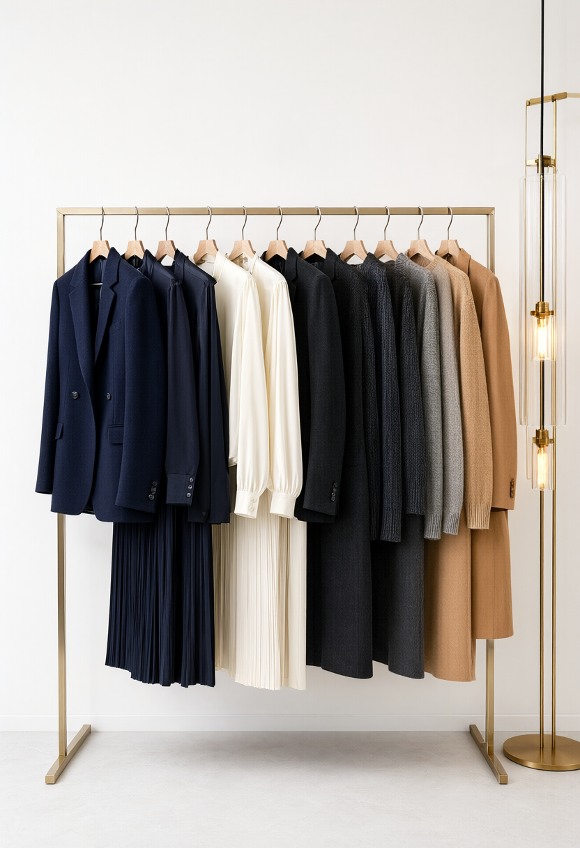 Minimalist wooden clothing rack displaying a curated 10-piece luxury executive capsule wardrobe