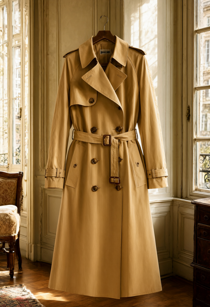 Chiếc áo măng tô Trench Coat màu mật ong kinh điển với vạt chắn gió và khuy sừng