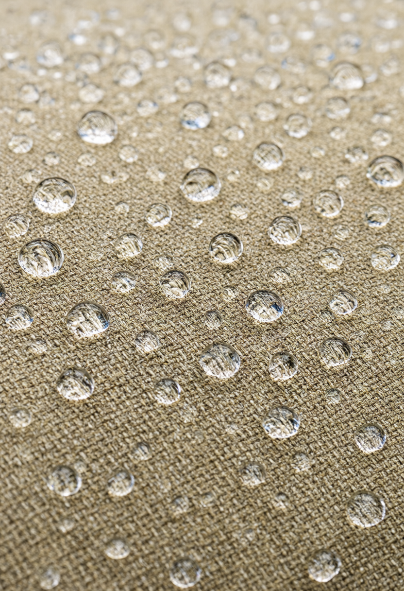 Macro close-up of spherical water droplets beading and rolling off tightly woven cotton gabardine trench fabric