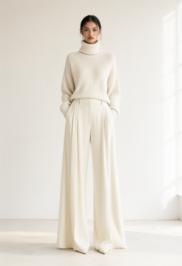 Bộ trang phục đơn sắc màu trắng kem sang trọng kết hợp áo len cashmere và quần xếp ly
