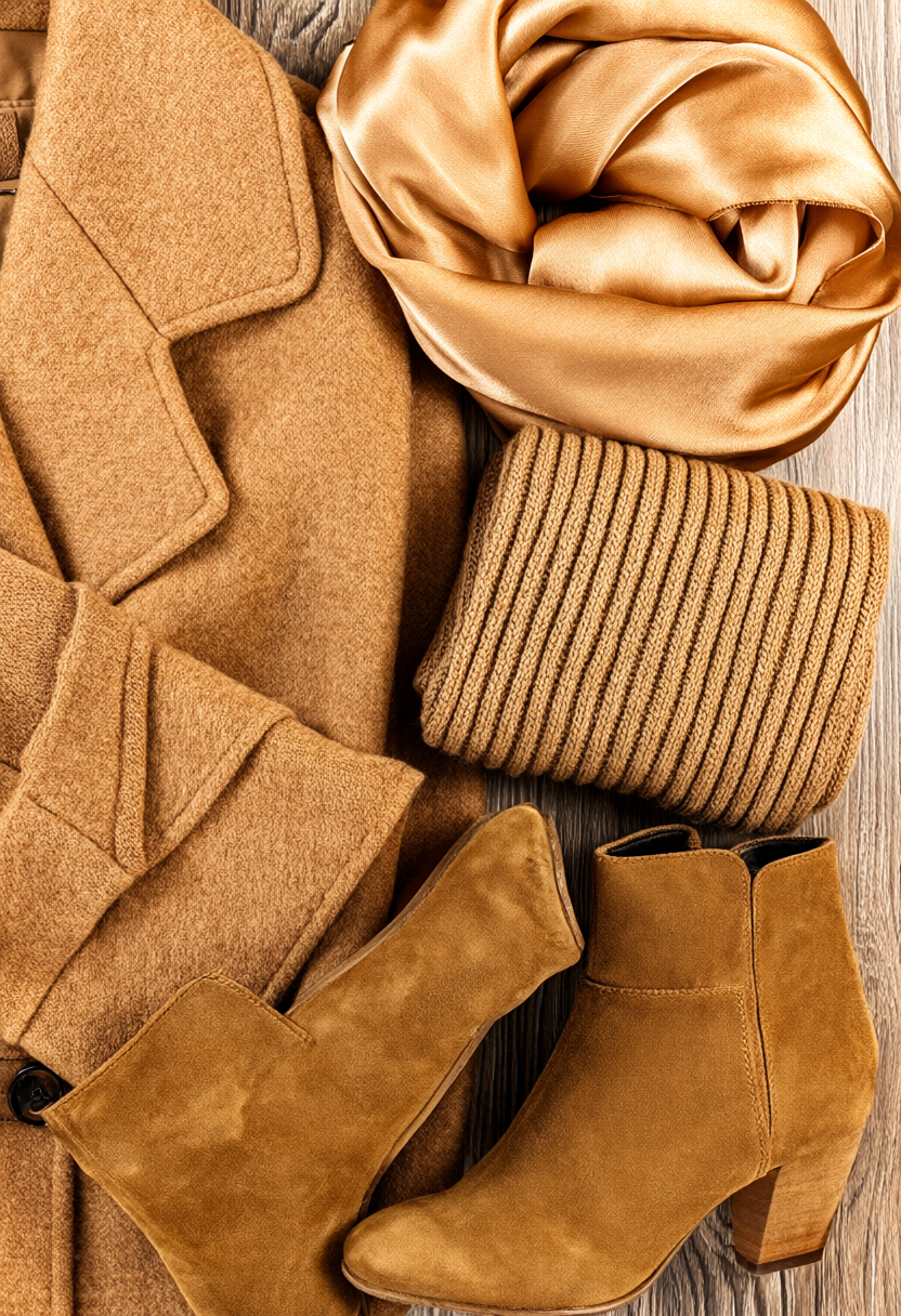 Flat lay showing texture juxtaposition of chunky ribbed knit wool, smooth liquid silk, and brushed suede in warm camel