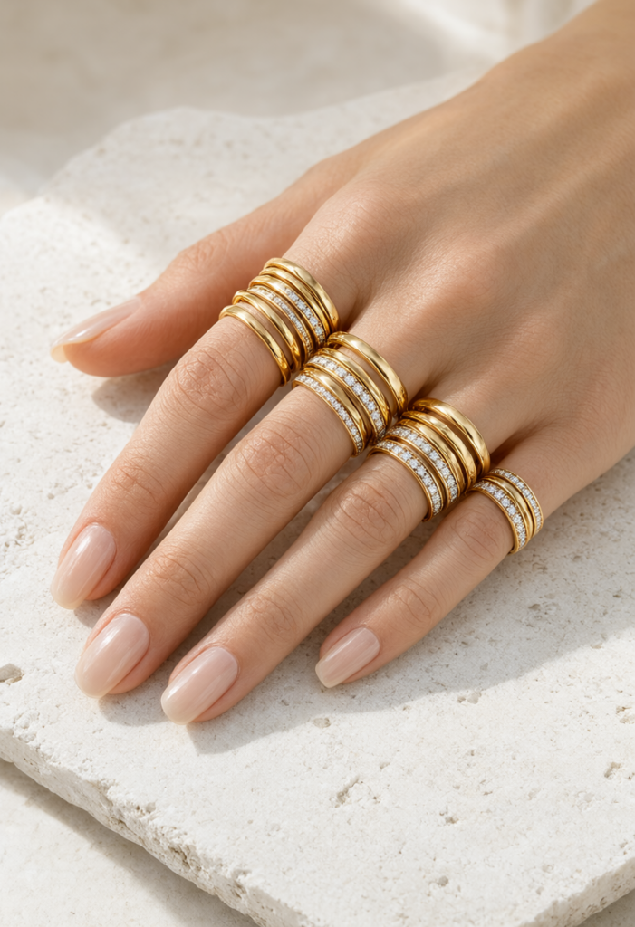 Bàn tay thon thả đeo các mẫu nhẫn vàng 18K thanh mảnh xếp lớp tinh tế trên đá cẩm thạch
