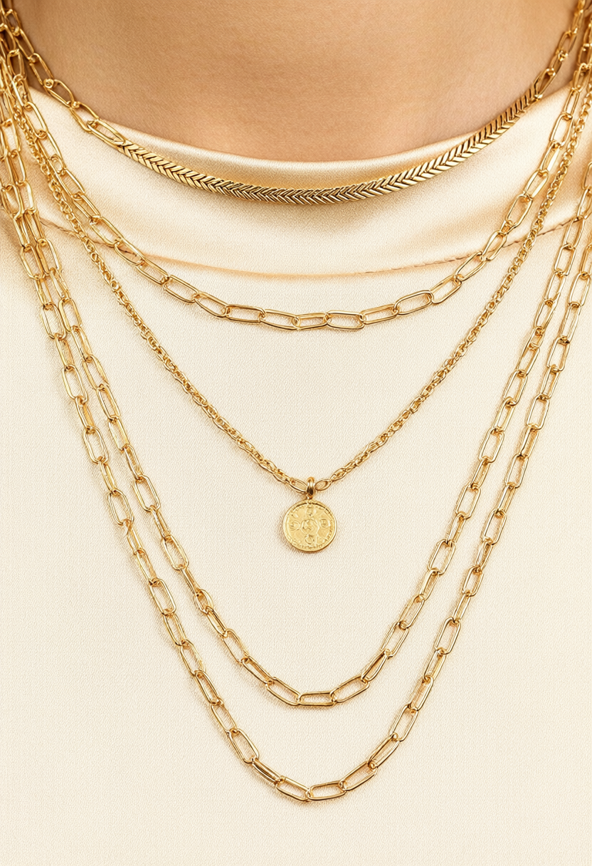 Macro shot of three delicate 14k solid gold chains layered at graduated lengths (16, 18, and 20 inches) against white silk