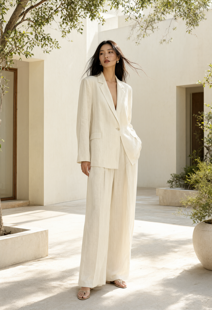 Bộ vest đũi Linen màu ngà phom rộng thoải mái dưới nắng hè ấm áp