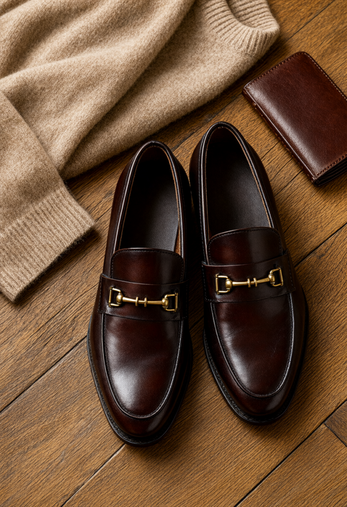 Đôi giày lười Loafer da bò cao cấp khóa kim loại đồng cổ điển trên sàn gỗ sồi