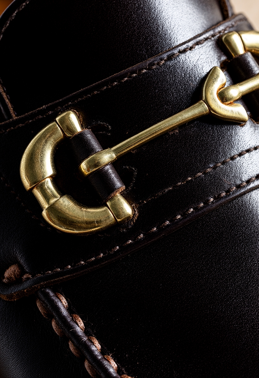 Close-up of burnished equestrian horsebit brass hardware and artisanal saddle stitching on full-grain calfskin leather