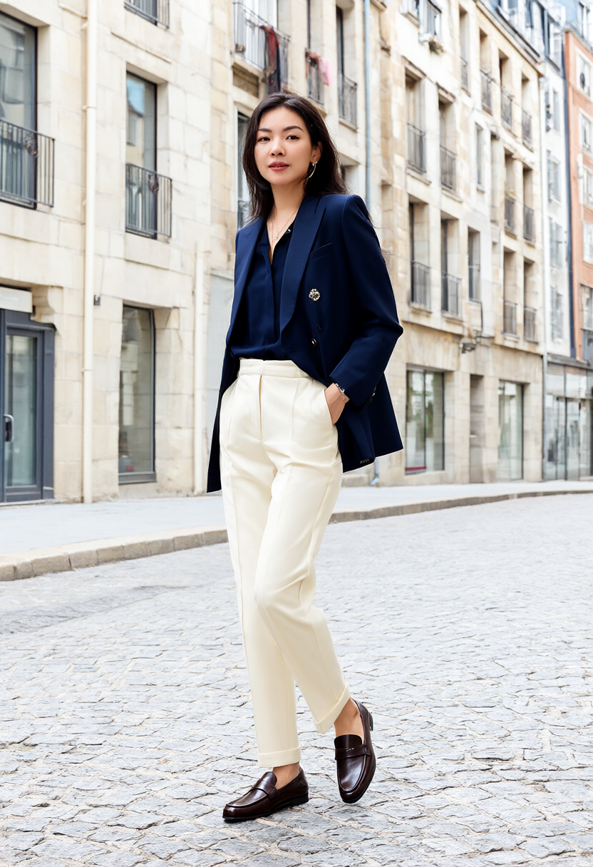 Stylish woman in tailored straight-leg trousers and glossy dark loafers walking with confident poise