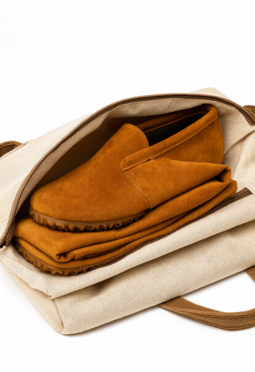 Caramel brown suede driving moccasins featuring flexible split-rubber pebble gommino studs