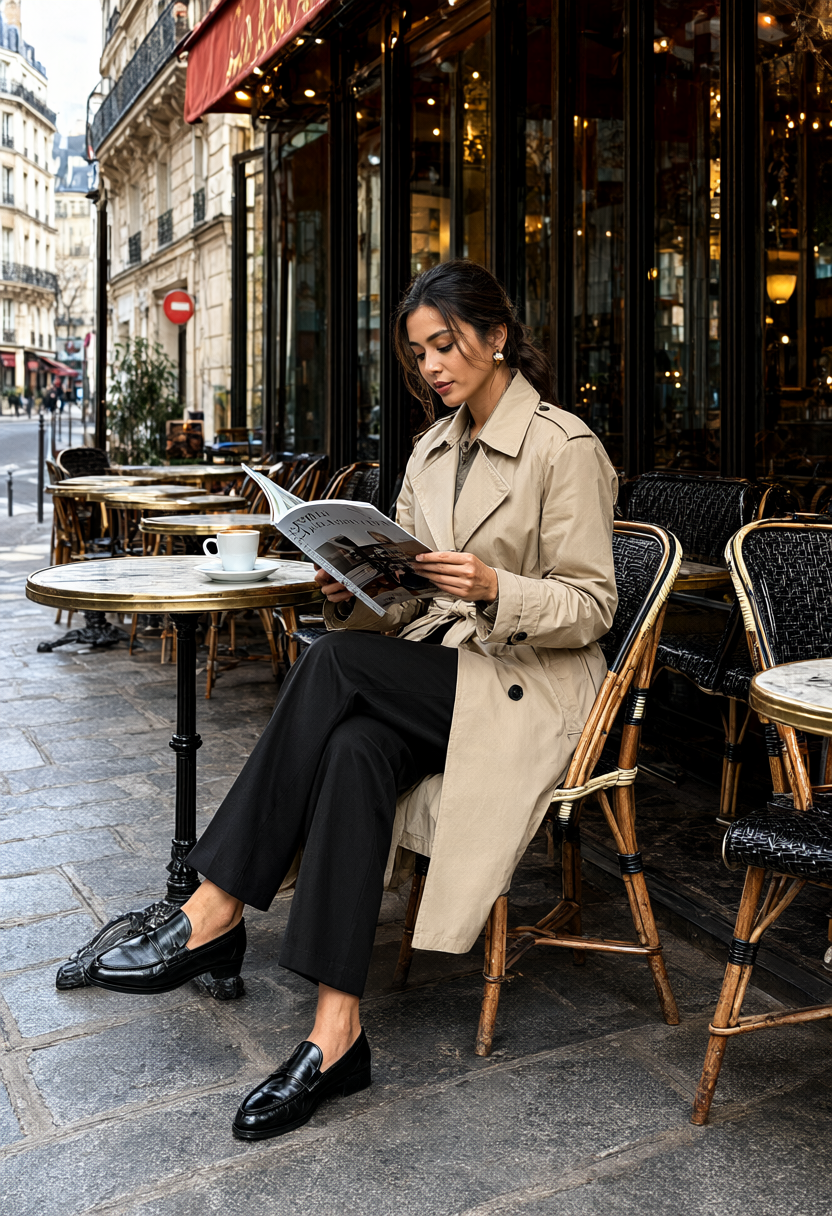 Chic traveler enjoying outdoor coffee at a Parisian sidewalk cafe wearing classic trench coat and leather loafers