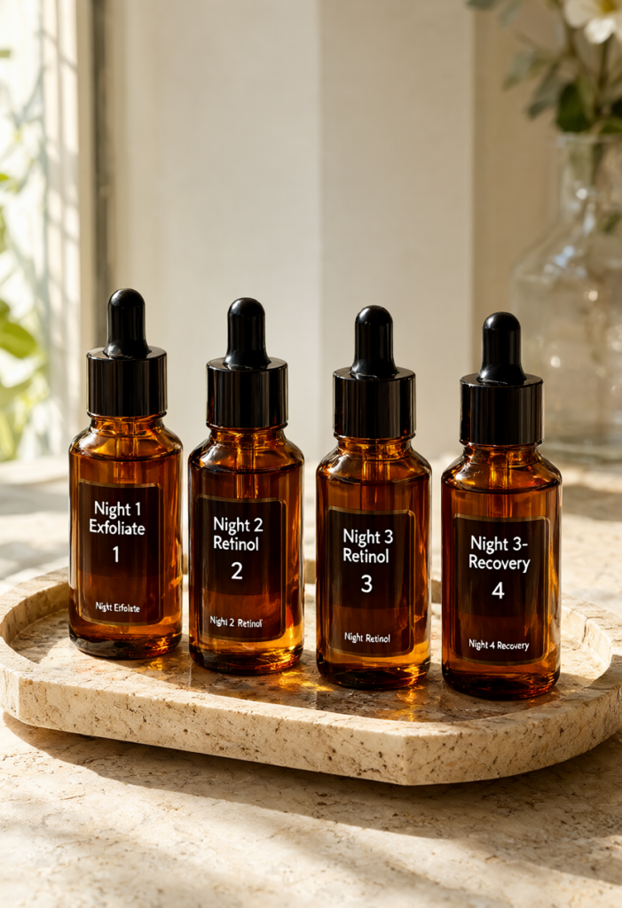 Quy trình chăm sóc da 4 đêm Skin Cycling với Retinol, AHA/BHA và tinh chất phục hồi