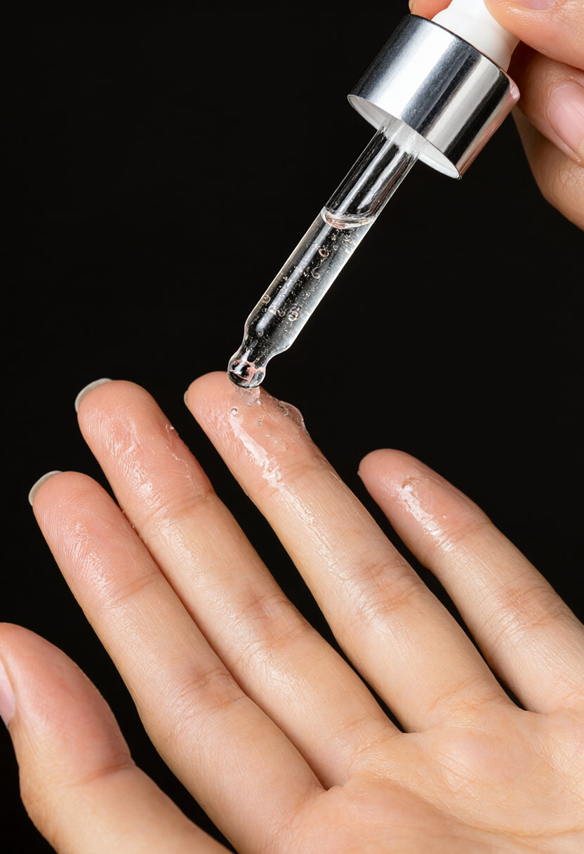 Glass dropper dispensing chemical exfoliating liquid acid (AHA/BHA) to clarify congested pores