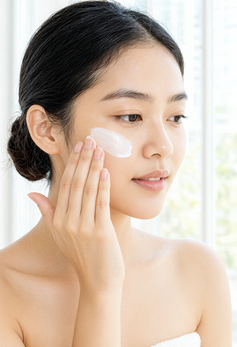 Woman applying sheer mineral tinted sunscreen drops blending seamlessly into bare skin