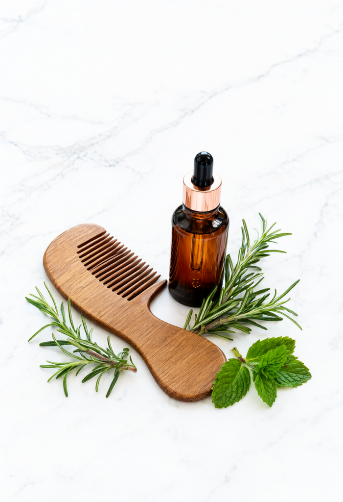 Chai serum Peptide da đầu cao cấp cùng lược gỗ đàn hương và cành hương thảo tươi