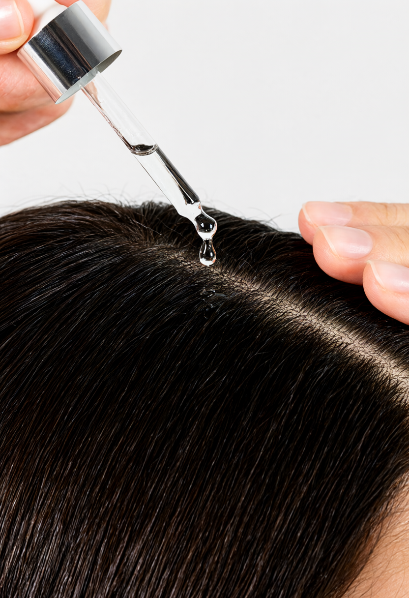 Glass dropper releasing botanical peptide hair density elixir along clean scalp partings