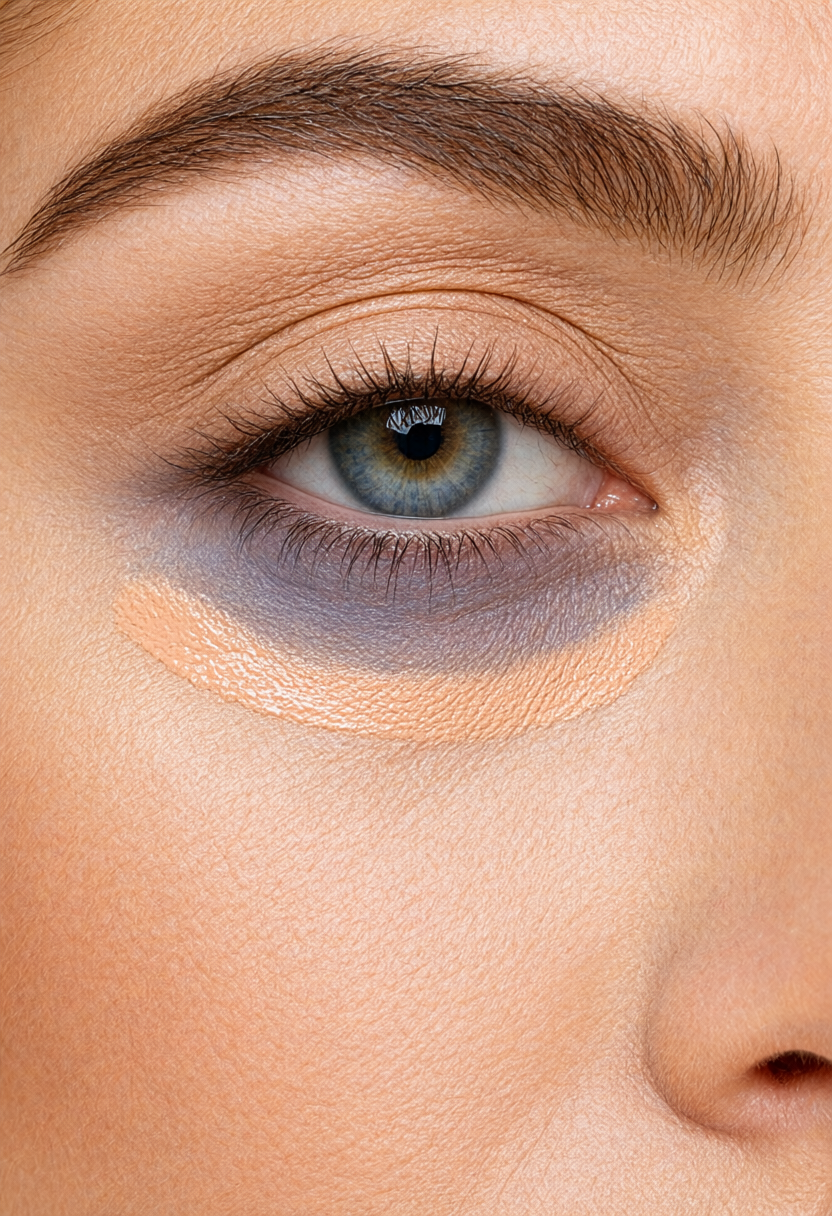 Precision makeup brush applying sheer peach color corrector to neutralize bluish under-eye darkness