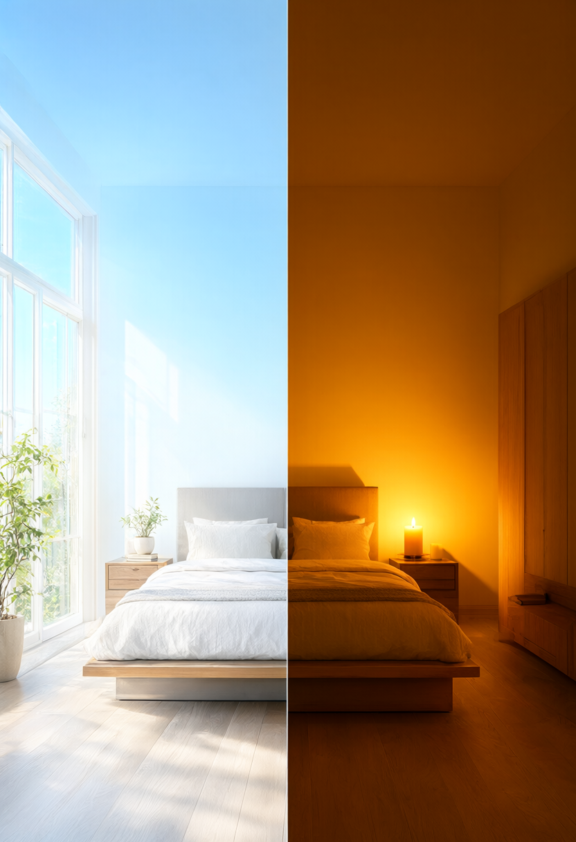 Side-by-side visual comparison of 6500K blue-rich daylight versus 1800K warm candle-amber evening lighting