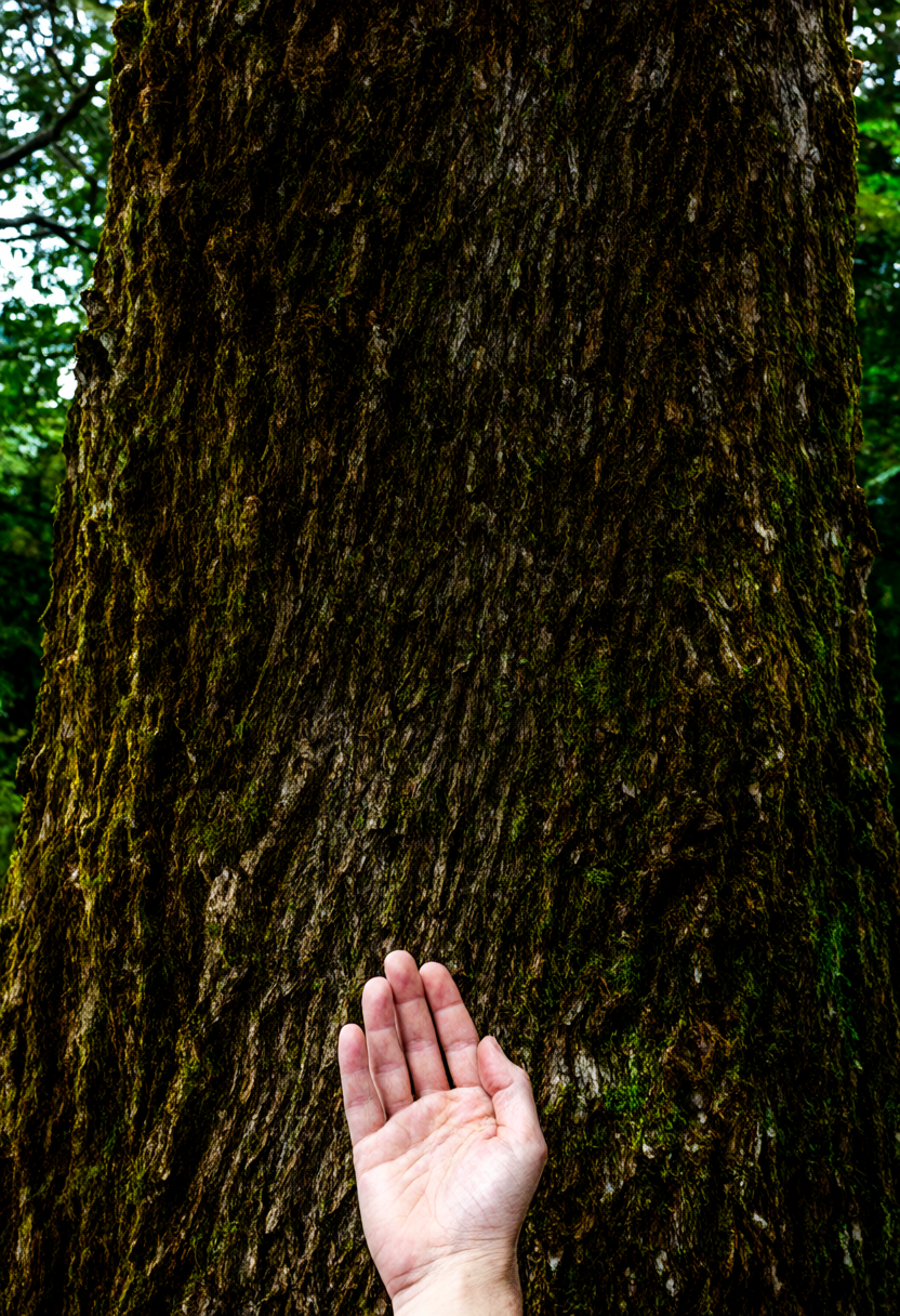 Hand gently touching moss-covered tree bark in a tranquil forest awakening tactile senses