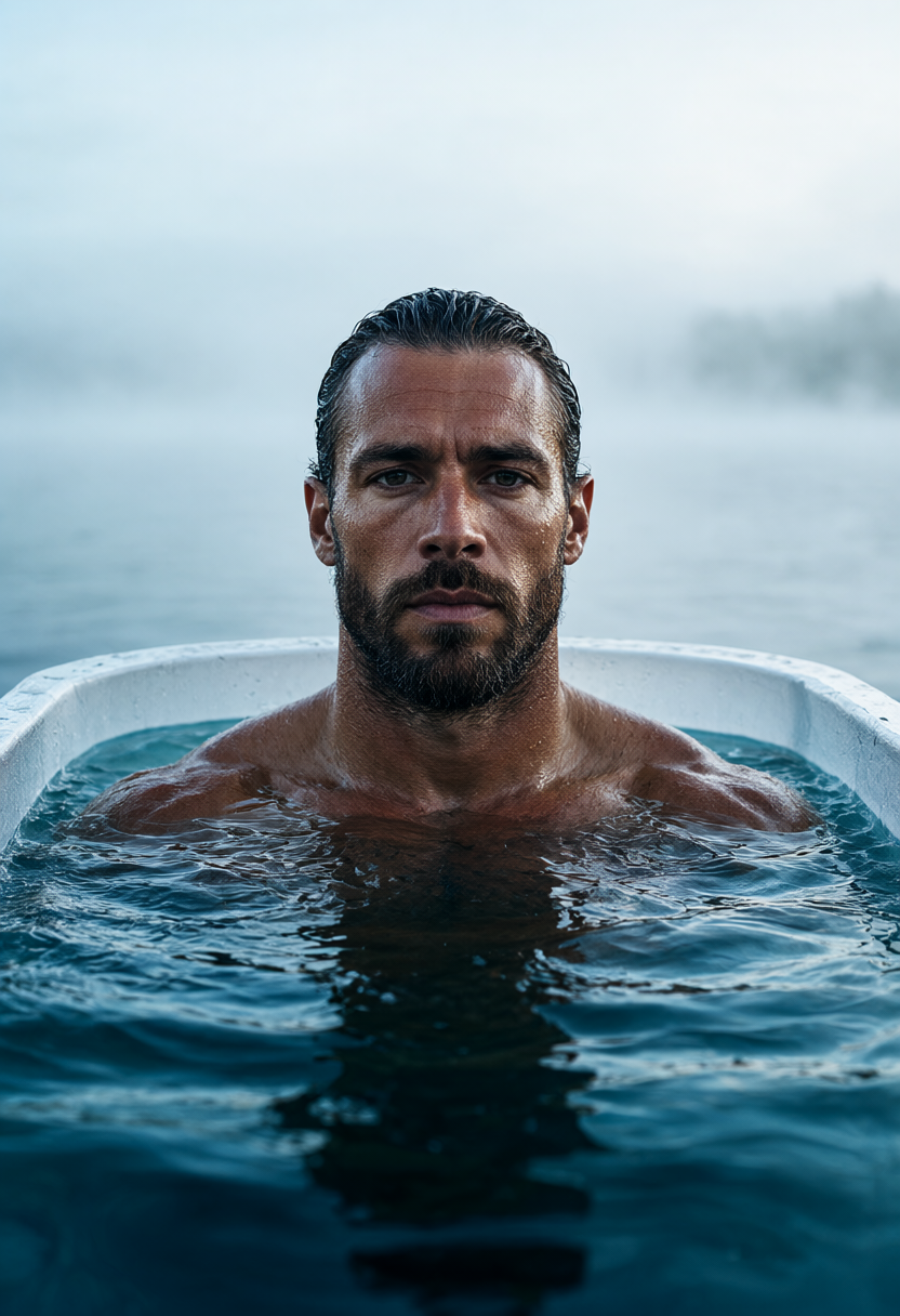 Practicing slow diaphragmatic breath control while immersed in a cold water plunge tub